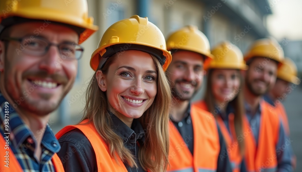 Group of construction workers in safety gear smiling outdoors. Group of construction workers in safety gear smiling outdoors.