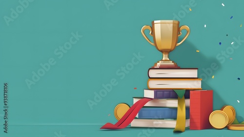 Academic awards concept with a stack of books, golden cup trophy, and medals.