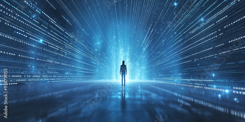 Silhouette of people walking through a digital tunnel with bright light at the end.
