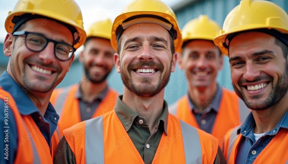 A group of male construction workers in safety gear smiling confidently. A group of male construction workers in safety gear smiling confidently.