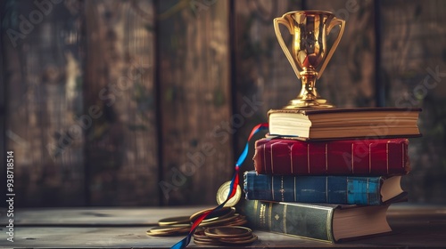 Stack of books with a shining golden cup trophy and colorful medals in the background. photo