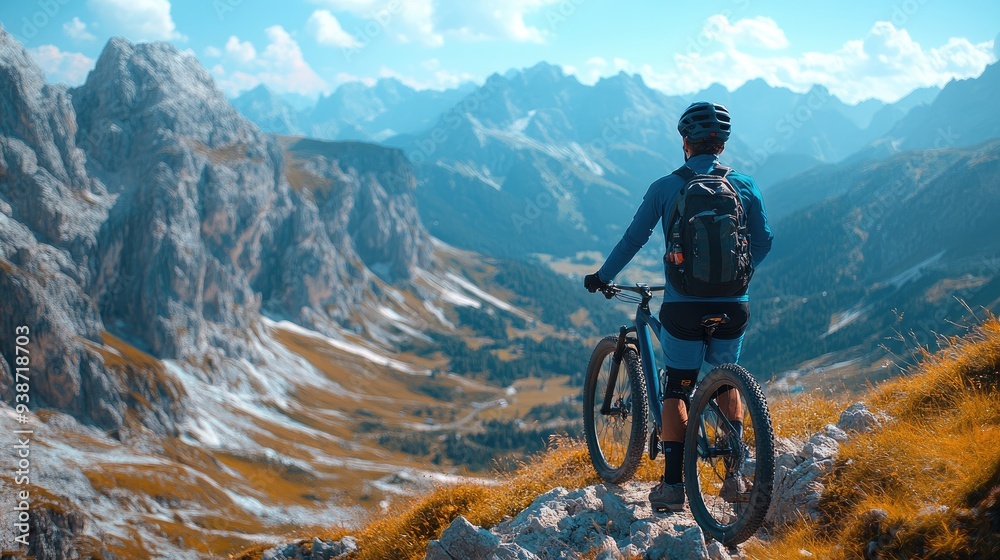 Cyclist admiring mountain view after reaching summit with bike Cyclist admiring mountain view after reaching summit with bike