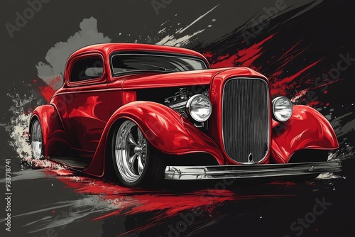 Red hot rod custom car driving fast illustration