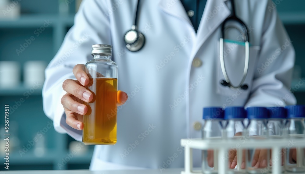A medical professional holding a bottle filled with yellow liquid in a laboratory setting. A medical professional holding a bottle filled with yellow liquid in a laboratory setting.