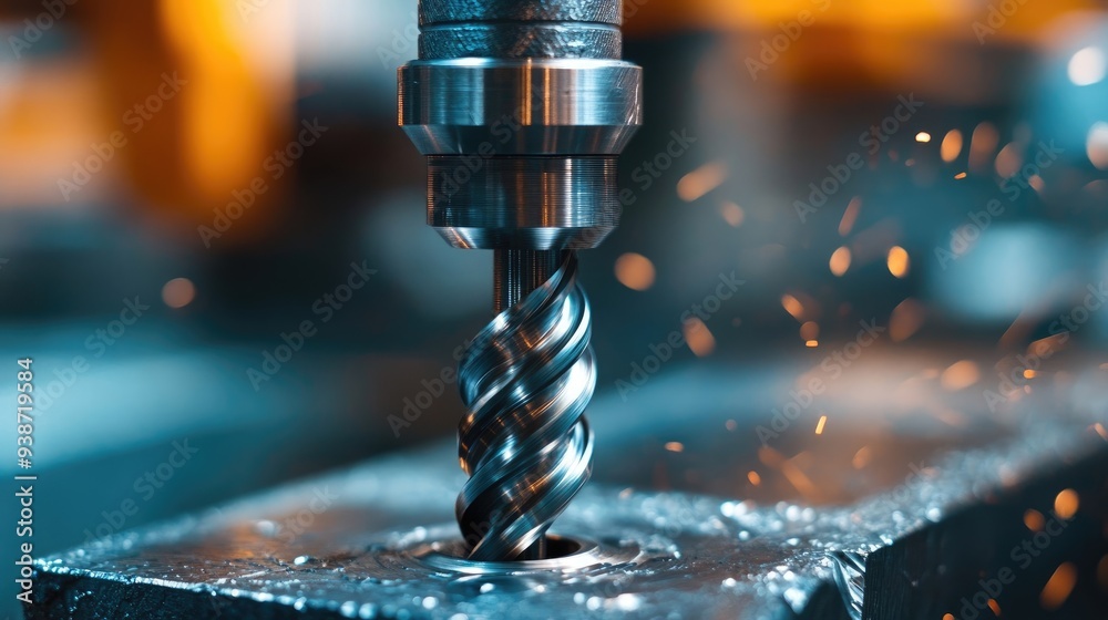 Close-Up of Industrial Drill Bit in Operation on Steel Plate Close-Up of Industrial Drill Bit in Operation on Steel Plate