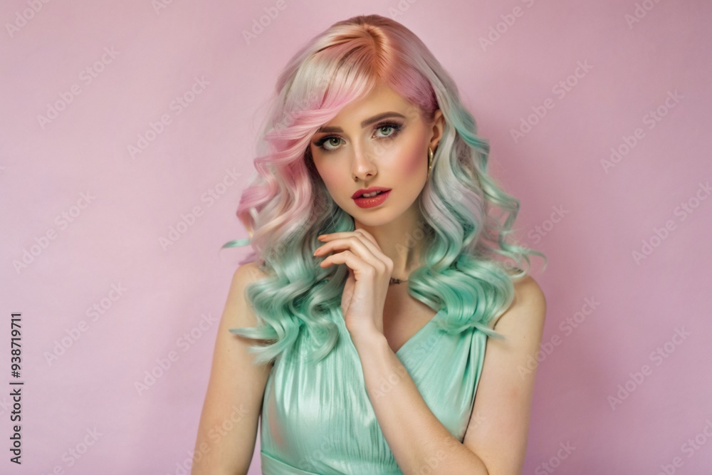 Modelo mujer con cabello rosa y verde con un vestido verde y fondo rosa Modelo mujer con cabello rosa y verde con un vestido verde y fondo rosa