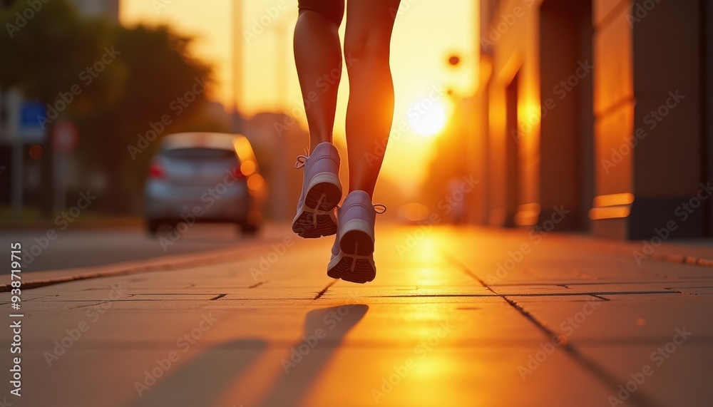 Fototapeta premium Silhouette of a person jogging on a city sidewalk during a golden sunrise.