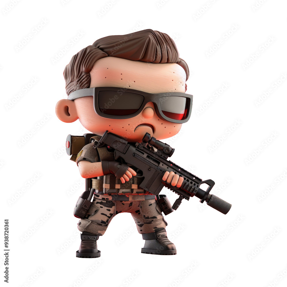 Naklejka premium 3D Render of a Cartoon Soldier Holding a Rifle.
