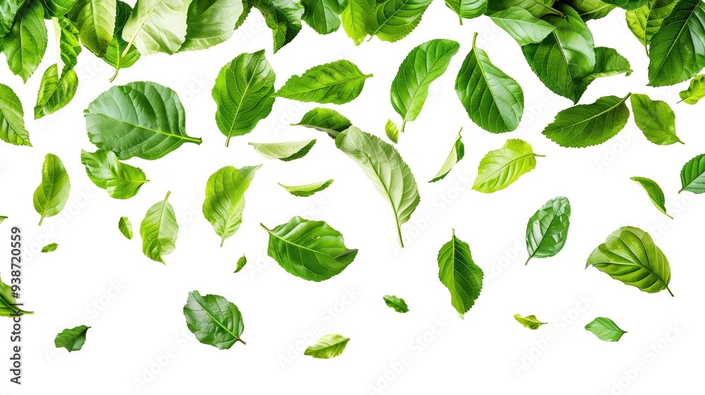 Falling Green Leaves on White Background Isolated Nature Overlay Tree Leaf Wallpaper Fresh Plant Herb Foliage Backdrop Pattern