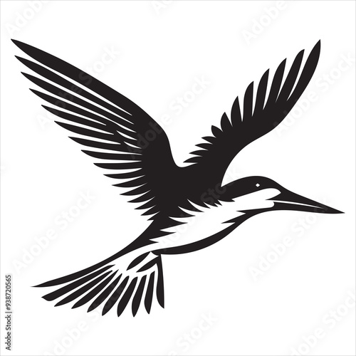 Black skimmer Silhouette, Rynchops Niger Bird Clipart, Black Skimmer flying wings forward Illustration in black and white