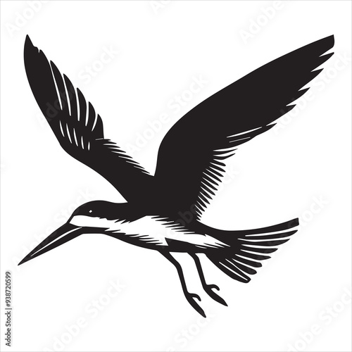 Black skimmer Silhouette, Rynchops Niger Bird Clipart, Black Skimmer flying wings up Illustration in black and white