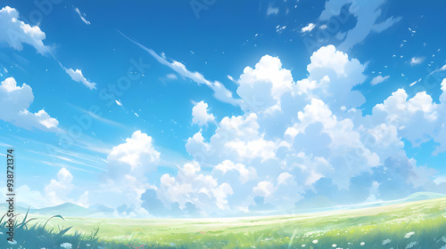 Whimsical White Clouds Drift Across a Vibrant Blue Sky Above a Lush Green Meadow