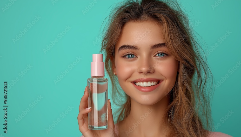 Smiling young woman holding a glass spray bottle with a pastel pink cap against a turquoise background, promoting beauty and skincare products. Smiling young woman holding a glass spray bottle with a pastel pink cap against a turquoise background, promoting beauty and skincare products.