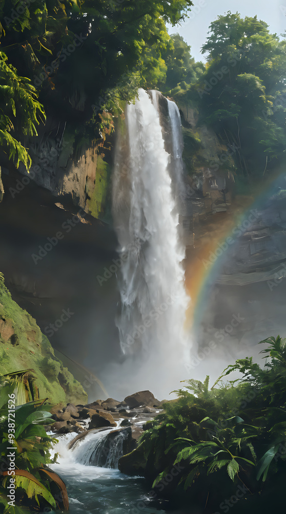 Obraz premium a rainbow in the sky above a waterfall