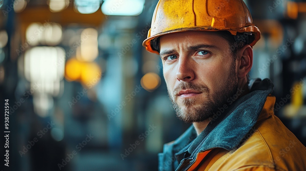 Focused Construction Worker in Yellow Hard Hat Focused Construction Worker in Yellow Hard Hat