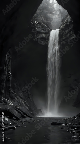 a waterfall in a cave with a large opening