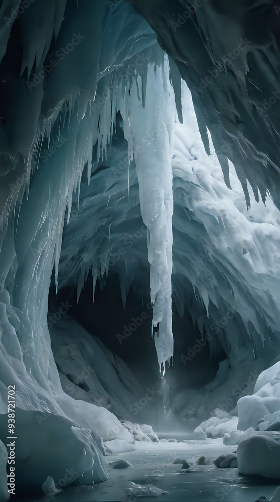 a large ice cave with a waterfall in it a large ice cave with a waterfall in it