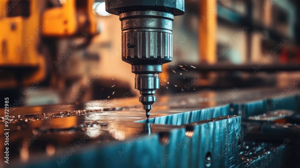 Close-Up of Industrial Drill Bit in Operation on Steel Plate Close-Up of Industrial Drill Bit in Operation on Steel Plate