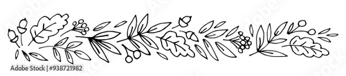Autumn banner, border of oak leaves, acorns, rowan berries. Nature and vegetation. Simple hand drawn vector illustration with black outline. Sketch in ink.