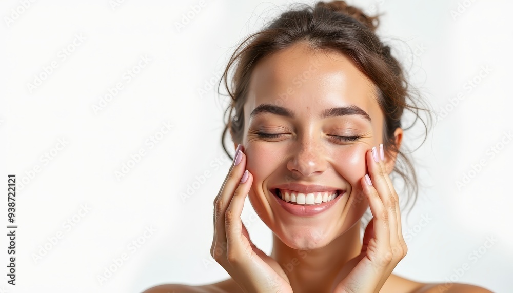 Young woman with a radiant smile and closed eyes, gently touching her face, conveying happiness and relaxation against a light background. Young woman with a radiant smile and closed eyes, gently touching her face, conveying happiness and relaxation against a light background.