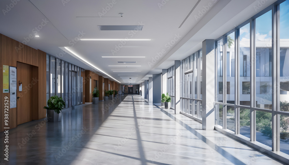 An Empty School Hallway Lined with Student Lockers, Quiet and Serene, Awaiting the Return of Students in a Brightly Lit School Building An Empty School Hallway Lined with Student Lockers, Quiet and Serene, Awaiting the Return of Students in a Brightly Lit School Building