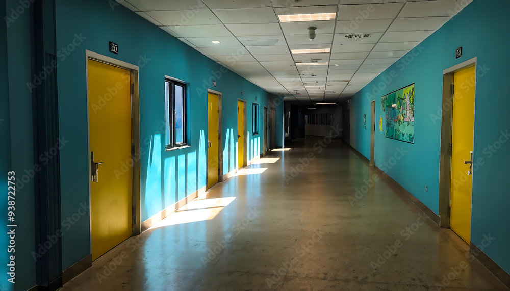 An Empty School Hallway Lined with Student Lockers, Quiet and Serene, Awaiting the Return of Students in a Brightly Lit School Building An Empty School Hallway Lined with Student Lockers, Quiet and Serene, Awaiting the Return of Students in a Brightly Lit School Building