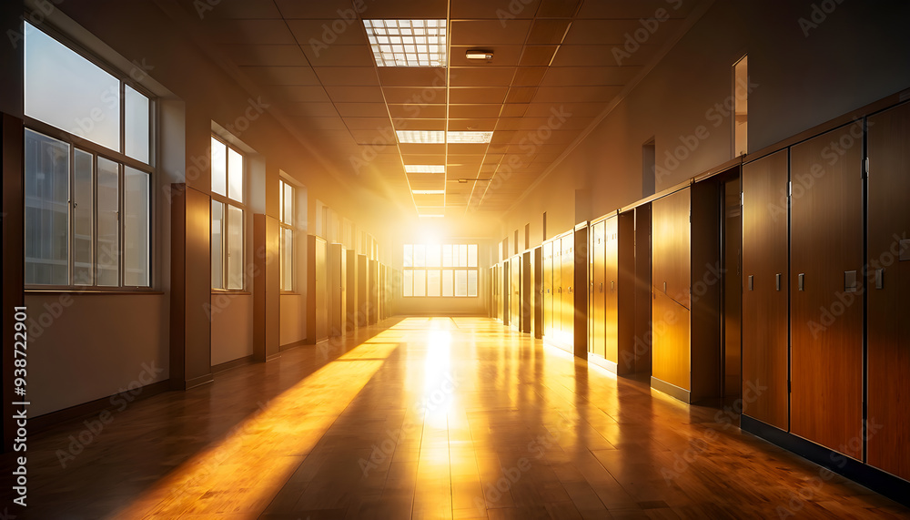 An Empty School Hallway Lined with Student Lockers, Quiet and Serene, Awaiting the Return of Students in a Brightly Lit School Building An Empty School Hallway Lined with Student Lockers, Quiet and Serene, Awaiting the Return of Students in a Brightly Lit School Building