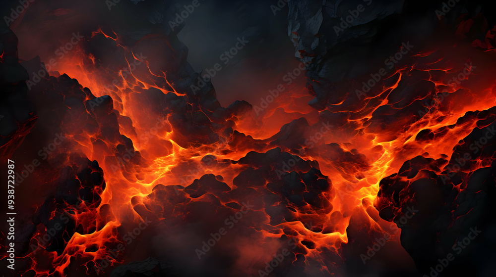 Molten Lava Flowing Through Dark Rocky Terrain, a Fiery Background Molten Lava Flowing Through Dark Rocky Terrain, a Fiery Background