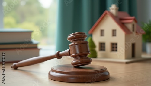 A wooden gavel resting on a round base with a small model house in the background, signifying legal matters related to real estate. photo