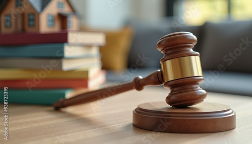 A judge's gavel rests on a wooden block, with a stack of books and a toy house model in the blurred background.