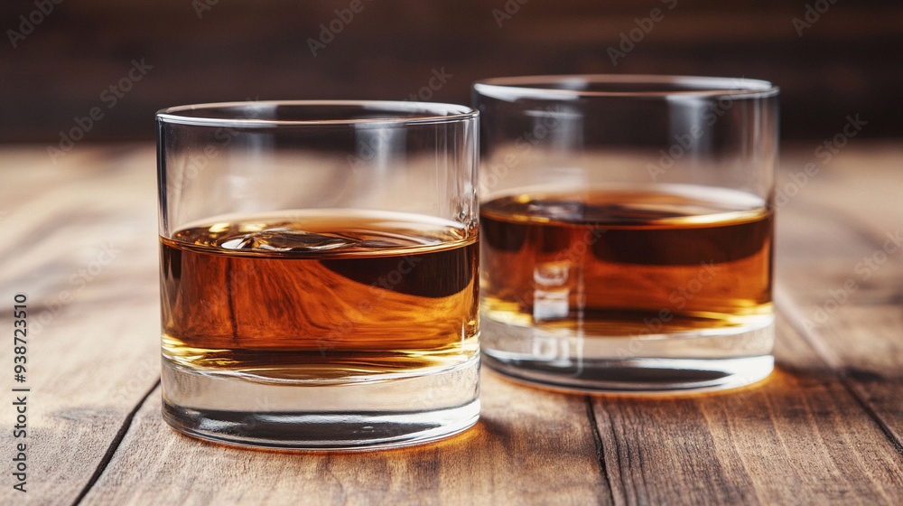 pair of glasses filled with whiskey rests on a rustic wooden background, capturing the essence of relaxation and indulgence in a classic, timeless setting pair of glasses filled with whiskey rests on a rustic wooden background, capturing the essence of relaxation and indulgence in a classic, timeless setting