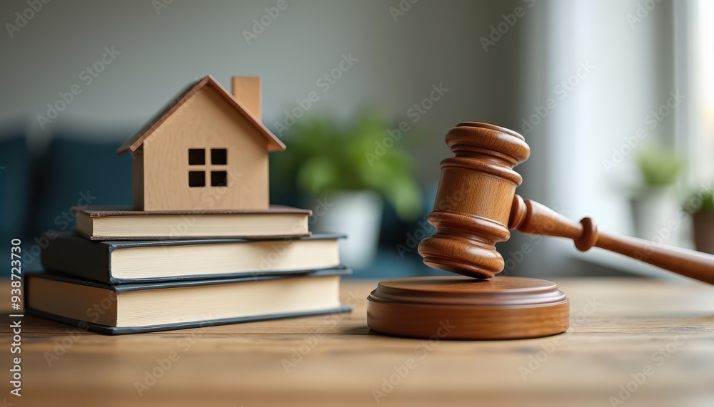 Wooden house model on a stack of books next to a gavel on a wooden desk, symbolizing real estate law or property legislation. Wooden house model on a stack of books next to a gavel on a wooden desk, symbolizing real estate law or property legislation.