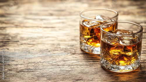 pair of glasses filled with whiskey rests on a rustic wooden background, capturing the essence of relaxation and indulgence in a classic, timeless setting