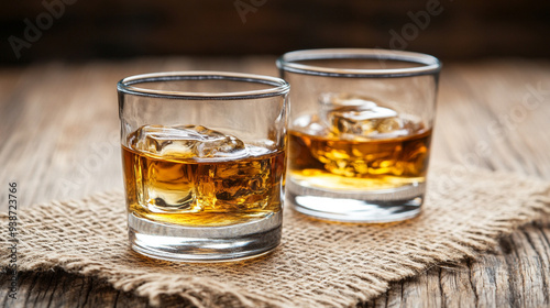 pair of glasses filled with whiskey rests on a rustic wooden background, capturing the essence of relaxation and indulgence in a classic, timeless setting