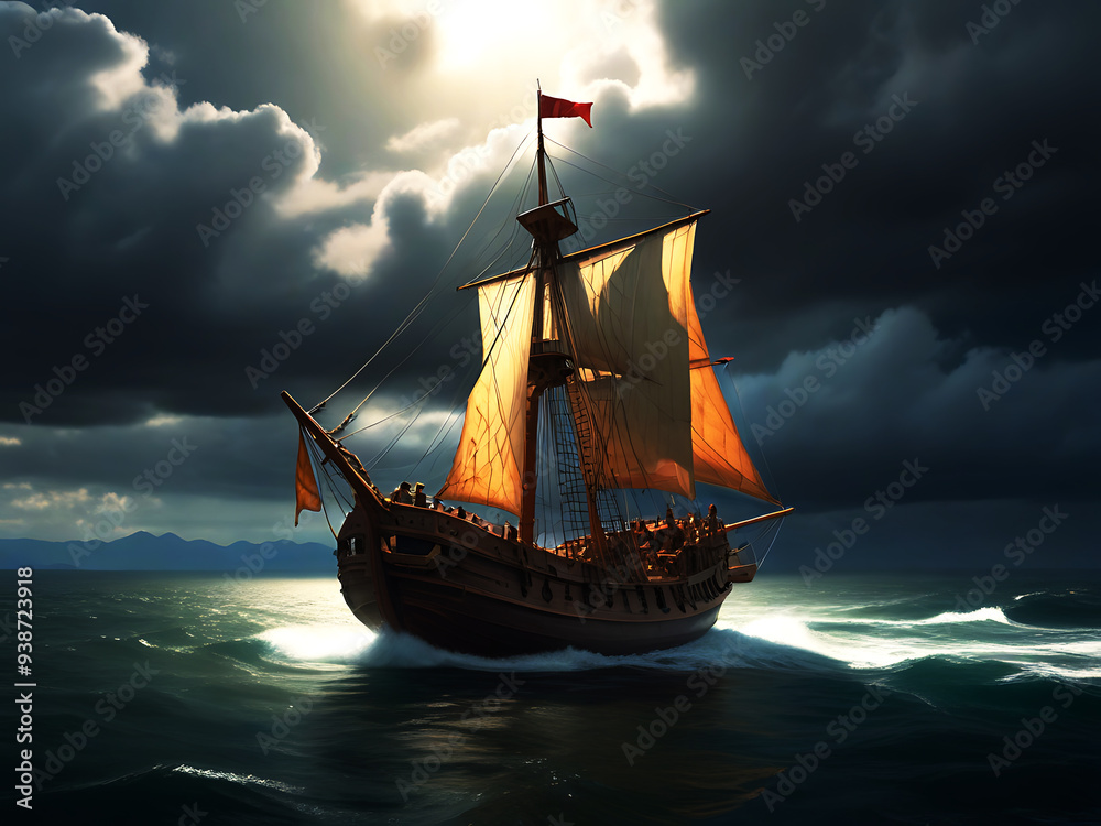 Obraz premium Pirate ship sailing on the open sea