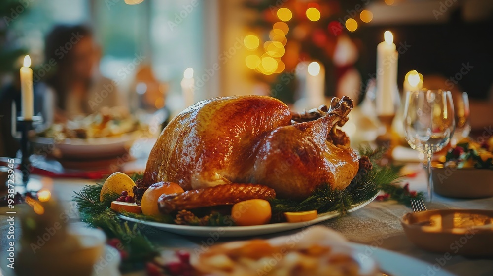 Golden roasted turkey on a festive table with sides, holiday feast and family gathering, culinary celebration Golden roasted turkey on a festive table with sides, holiday feast and family gathering, culinary celebration