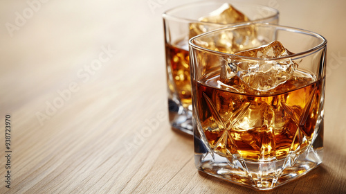 pair of glasses filled with whiskey rests on a rustic wooden background, capturing the essence of relaxation and indulgence in a classic, timeless setting