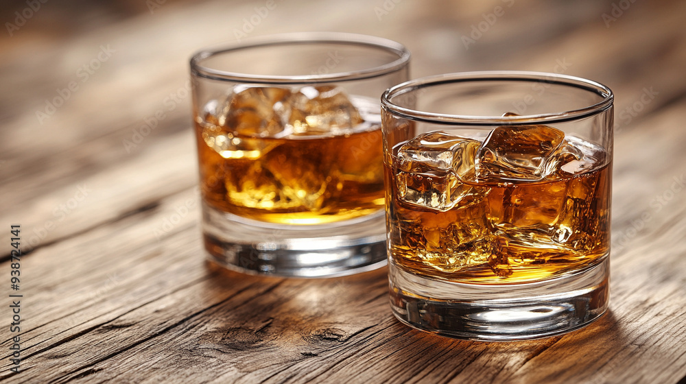 pair of glasses filled with whiskey rests on a rustic wooden background, capturing the essence of relaxation and indulgence in a classic, timeless setting pair of glasses filled with whiskey rests on a rustic wooden background, capturing the essence of relaxation and indulgence in a classic, timeless setting