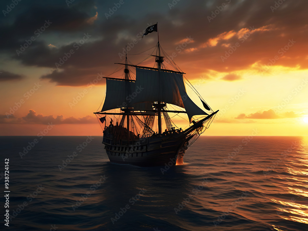 Pirate ship sailing on the open sea Pirate ship sailing on the open sea