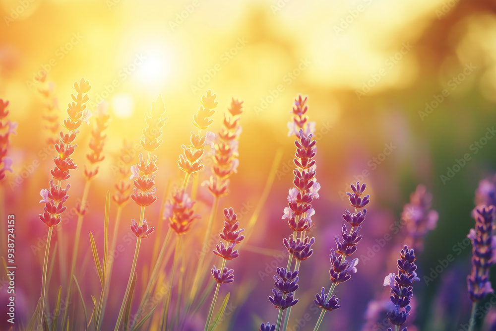 Fototapeta premium A field of blooming lavender flowers glowing under the warm golden sunlight, creating a serene and picturesque scene that evokes tranquility and natural beauty.