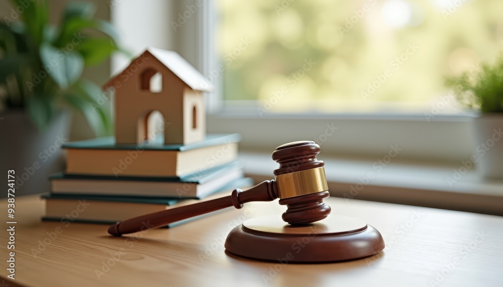 Close-up of a wooden gavel on a table with a small house model and stacked books, suggesting legal matters related to real estate. Close-up of a wooden gavel on a table with a small house model and stacked books, suggesting legal matters related to real estate.