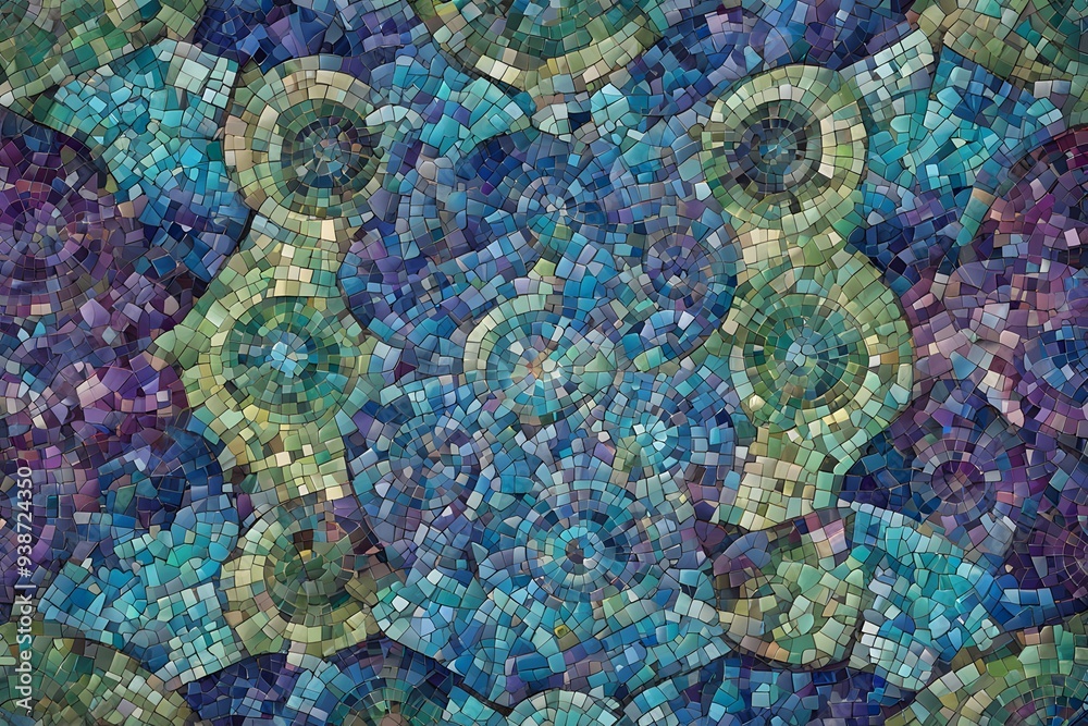 A colorful mosaic pattern featuring a mix of blues greens and purples with intricate details, AI Generated