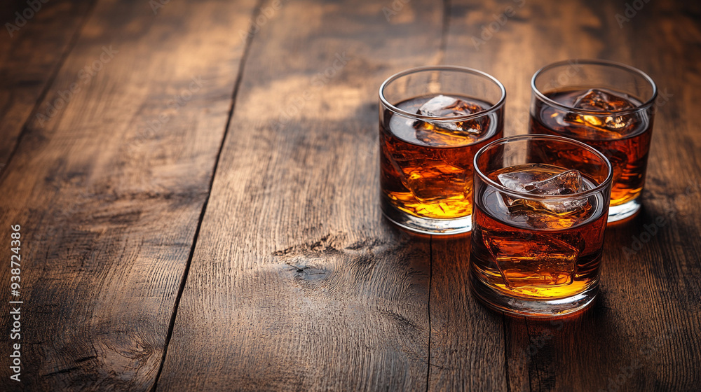 pair of glasses filled with whiskey rests on a rustic wooden background, capturing the essence of relaxation and indulgence in a classic, timeless setting pair of glasses filled with whiskey rests on a rustic wooden background, capturing the essence of relaxation and indulgence in a classic, timeless setting