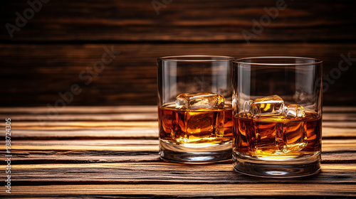 pair of glasses filled with whiskey rests on a rustic wooden background, capturing the essence of relaxation and indulgence in a classic, timeless setting