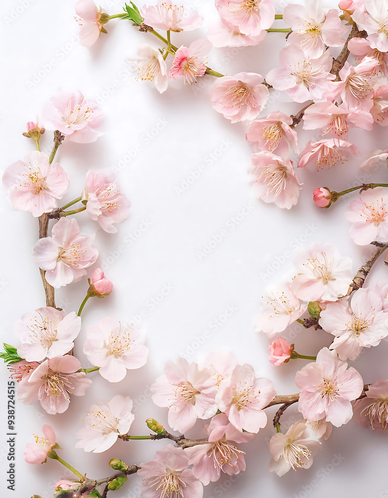 Cherry blossoms shown in a flat lay on a white background Cherry blossoms shown in a flat lay on a white background