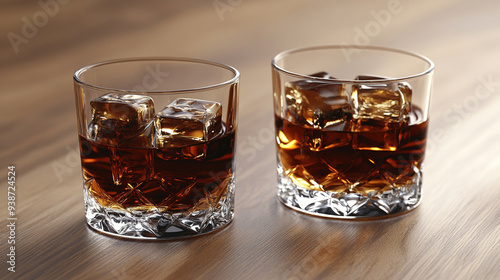 pair of glasses filled with whiskey rests on a rustic wooden background, capturing the essence of relaxation and indulgence in a classic, timeless setting