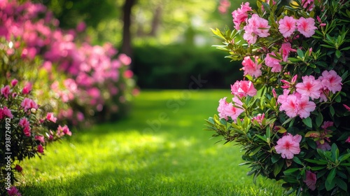 Pink azaleas in a blooming garden, vibrant spring flowers and lush foliage, colorful and peaceful outdoor retreat