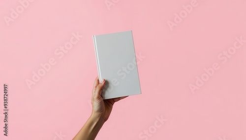 A hand holding up a blank white book against a pastel pink background, highlighting simplicity and minimalism.
