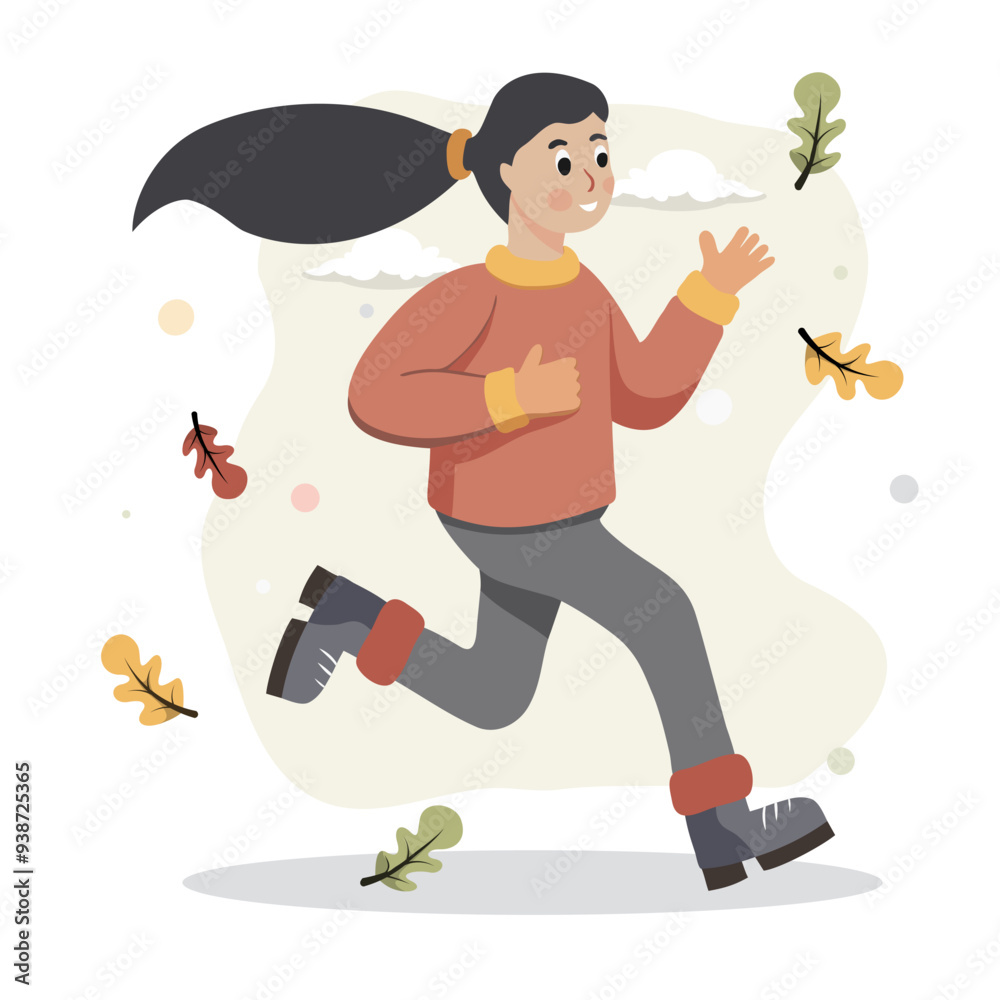 Fototapeta premium Running sporty woman in a jacket and warm clothes runs against background of autumn landscape. Active healthy lifestyle. Beautiful slender girl is engaged in sports, trains etc. Autumn theme
