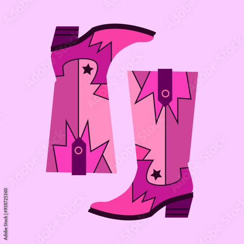 Set of pink cowgirl boots with different patterns Cowboy western and Wild West style Vector hand drawn retro vintage illustration